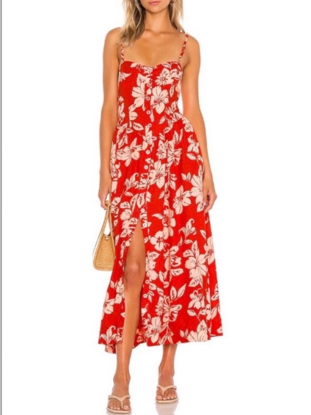 Free People The Perfect Sundress Floral Button Front Midi Dress Red Pink Sz M